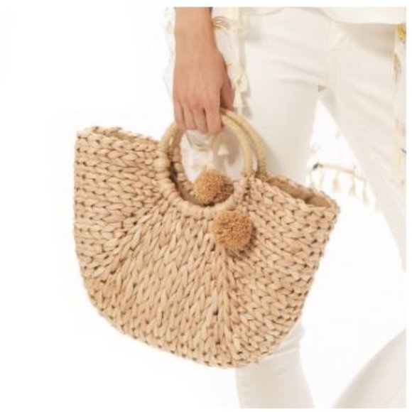 2Chic Corn Husk Basket Bag with Pom Poms, NWT - Picture 2 of 4